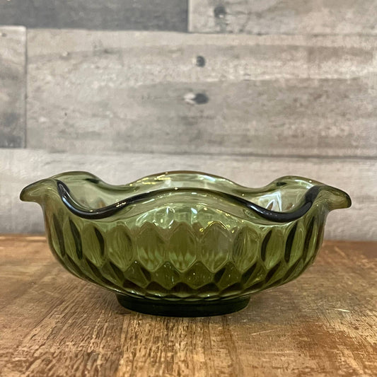 Vintage MCM avocado green ruffled wavy rim bowl