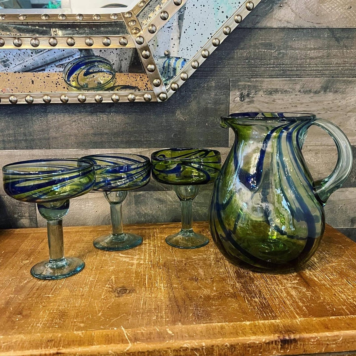 Vintage hand blown glasses and pitcher set - 3 glasses and pitcher