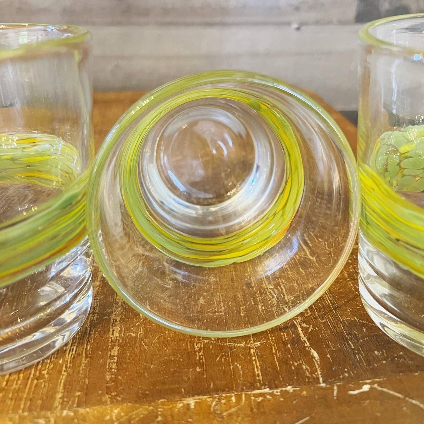 Handblown handcrafted Mexico artisan glass green ribbon striped tumblers - set of 6