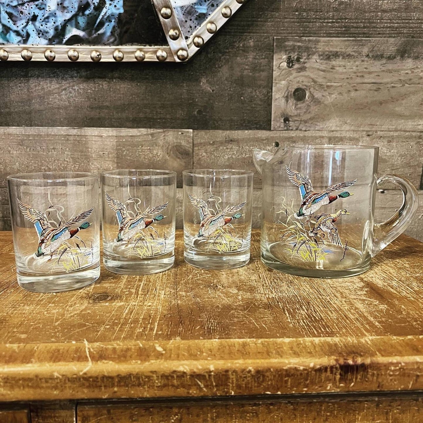 Set of 3 glass duck glasses and glass duck handled pitcher - artist signed Morgan - lake house glasses - cabin / camp glasses - bar glasses