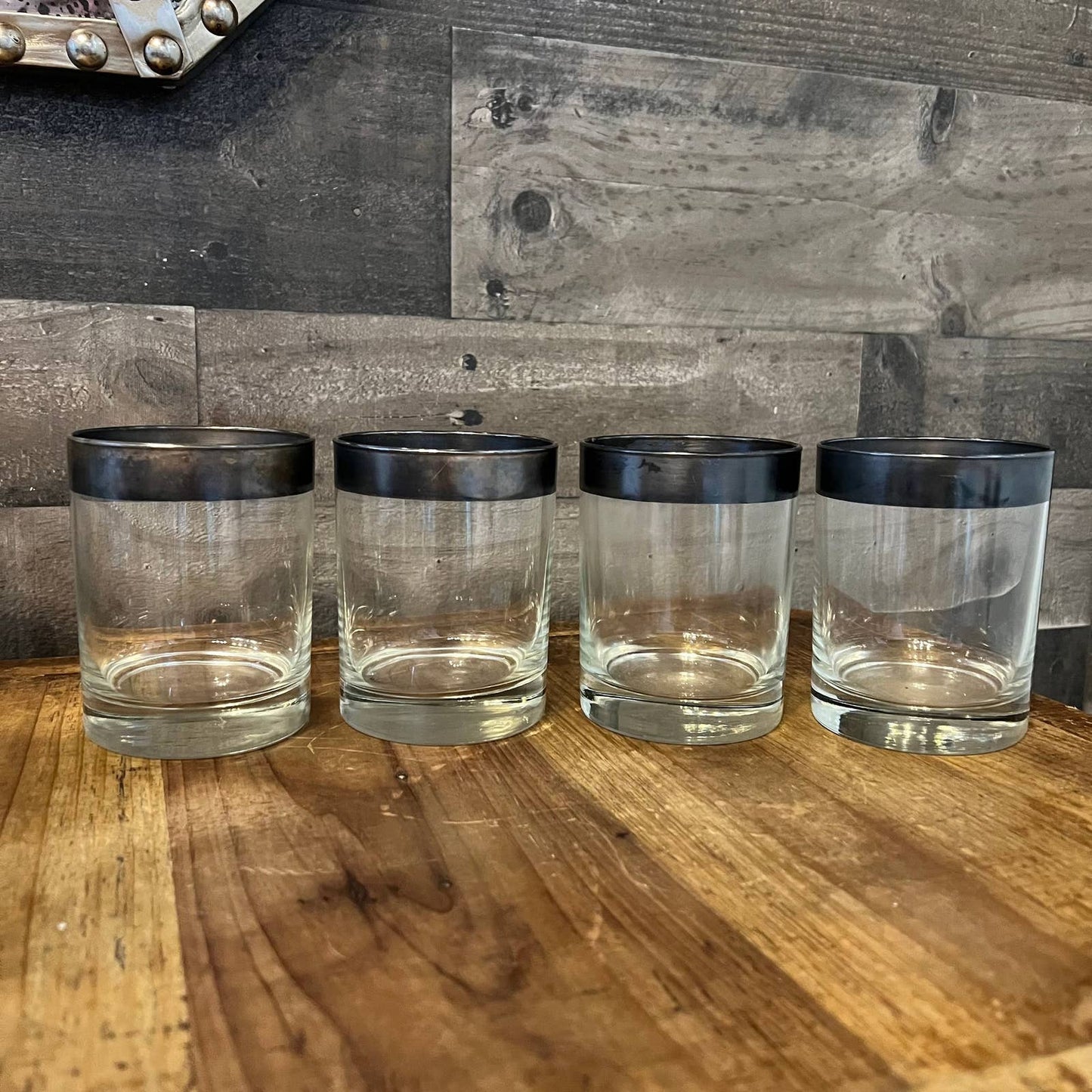 4 vintage Dorothy Thorpe silver band double old fashioned glasses