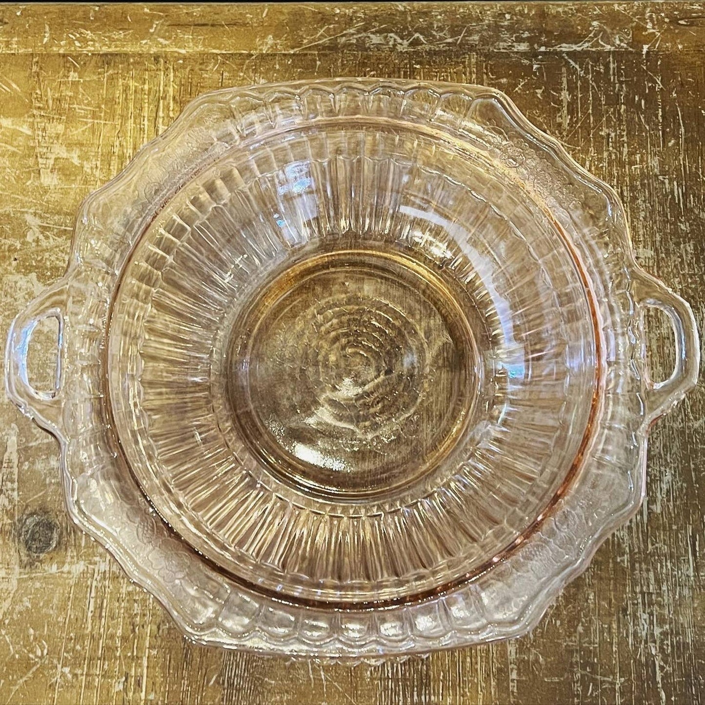 Vintage anchor hocking pink depression glass handled serving bowl - Mayfair open rose pattern - large pink depression glass plate