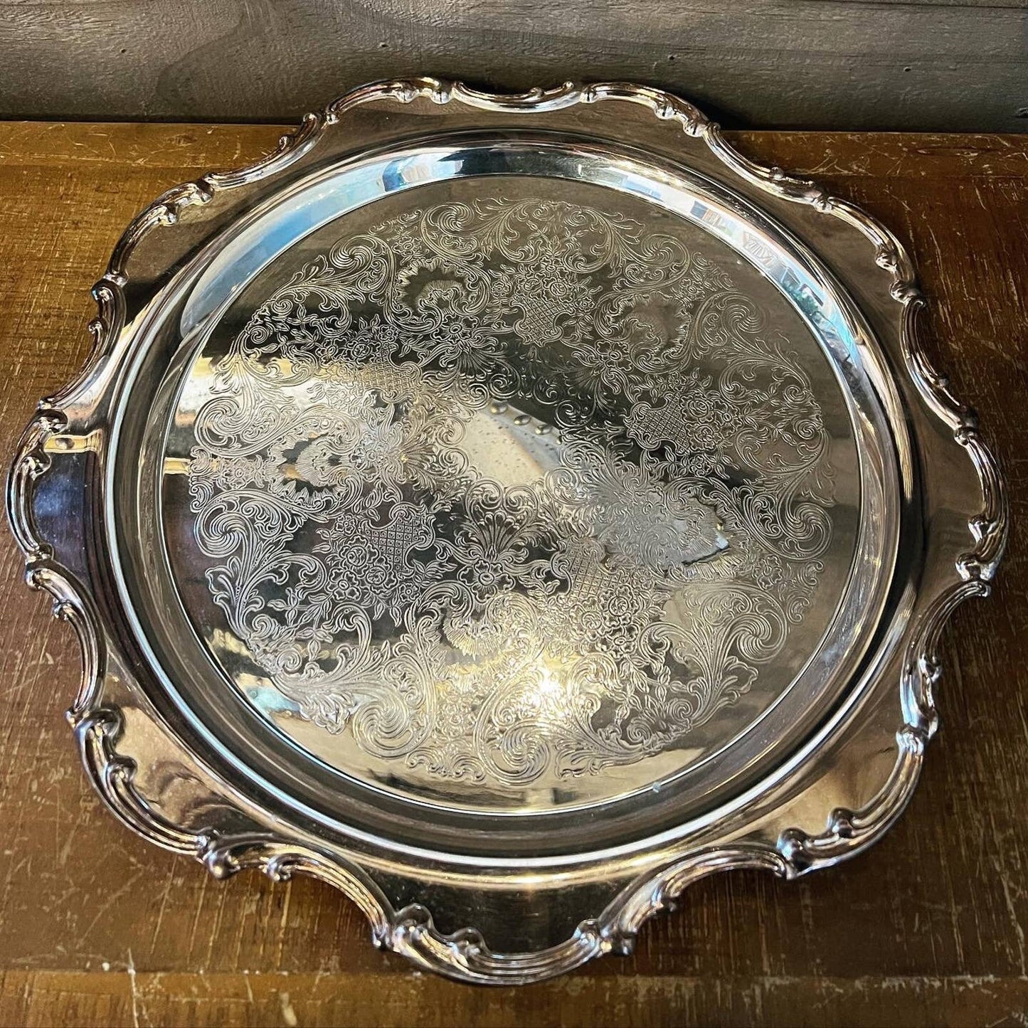 Vintage AMC Silverplate round scallop rim baroque tray