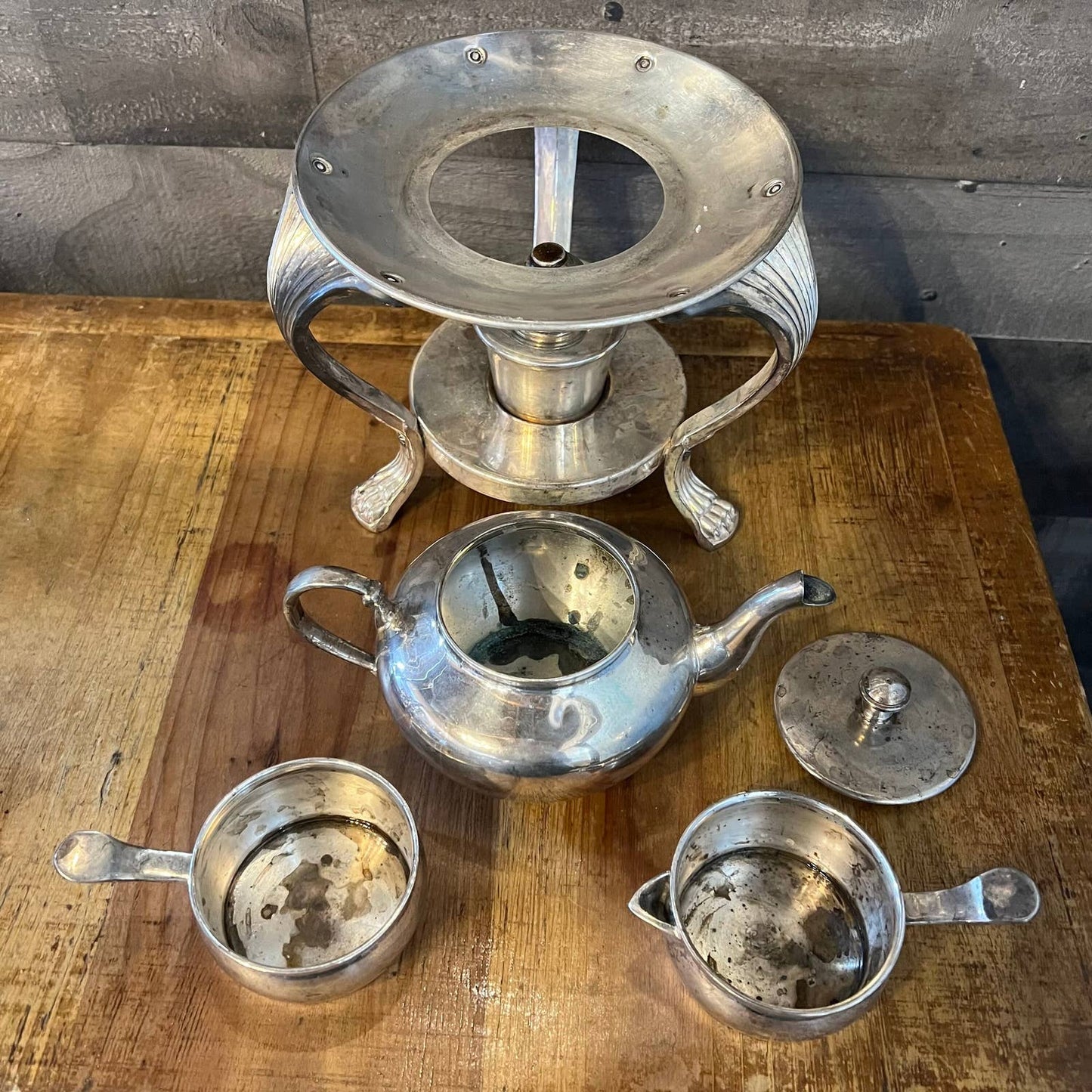 Vintage Stackable Silver Tone Creamer, Sugar, Teapot, 3 Legged Stand and Burner