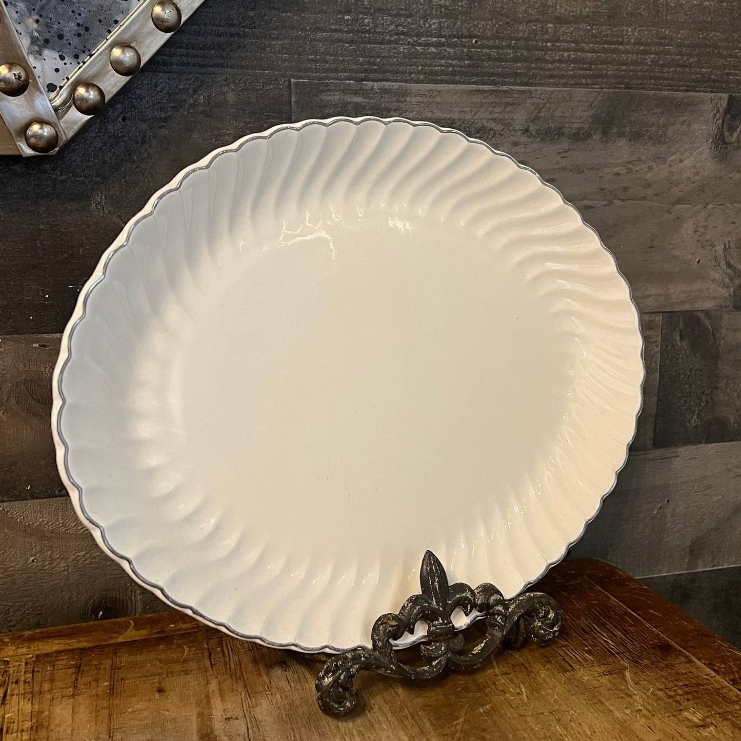 Vintage Ivory scallop rim silver rim oval serving platter