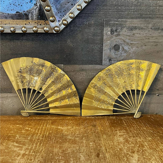 Vintage pair of brass oriental fans - brass decor - brass fans - paperweight - brass shelf decor