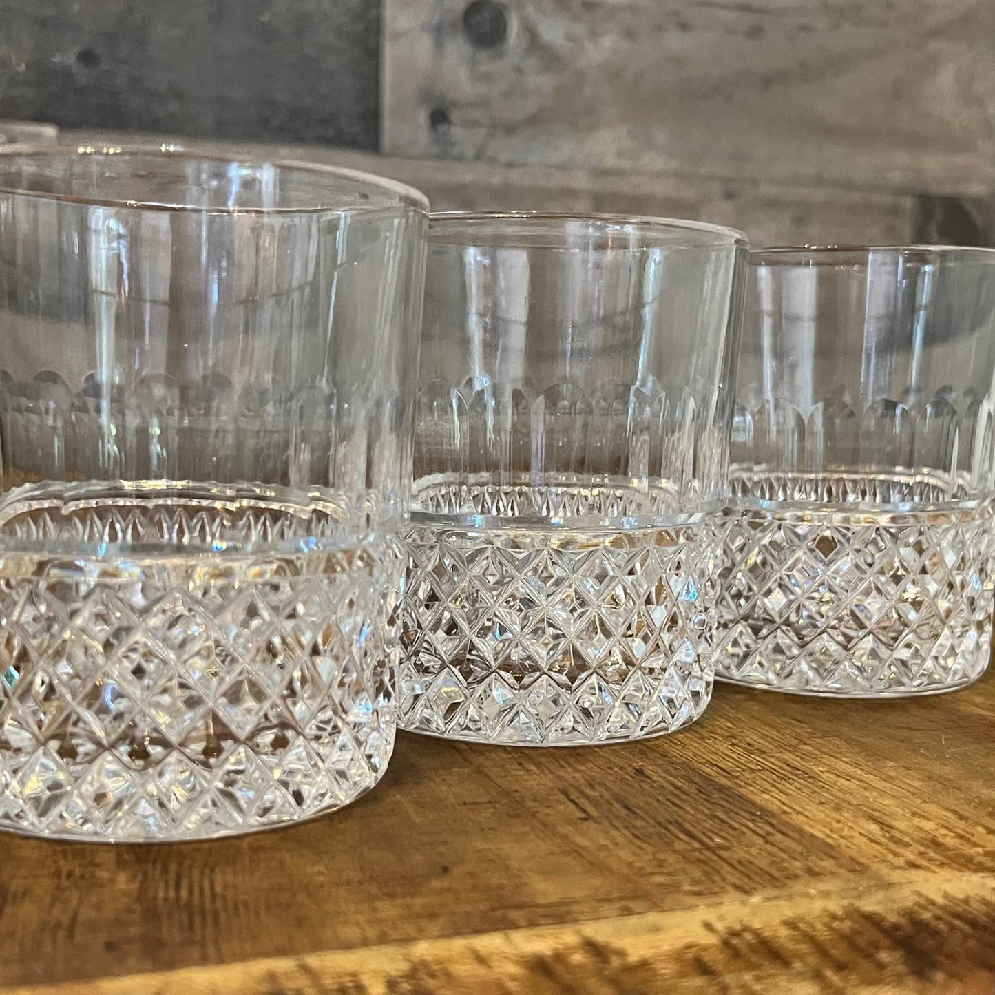 Crystal diamond point thumbprint pattern double old fashioned whiskey rocks glasses - set of 3