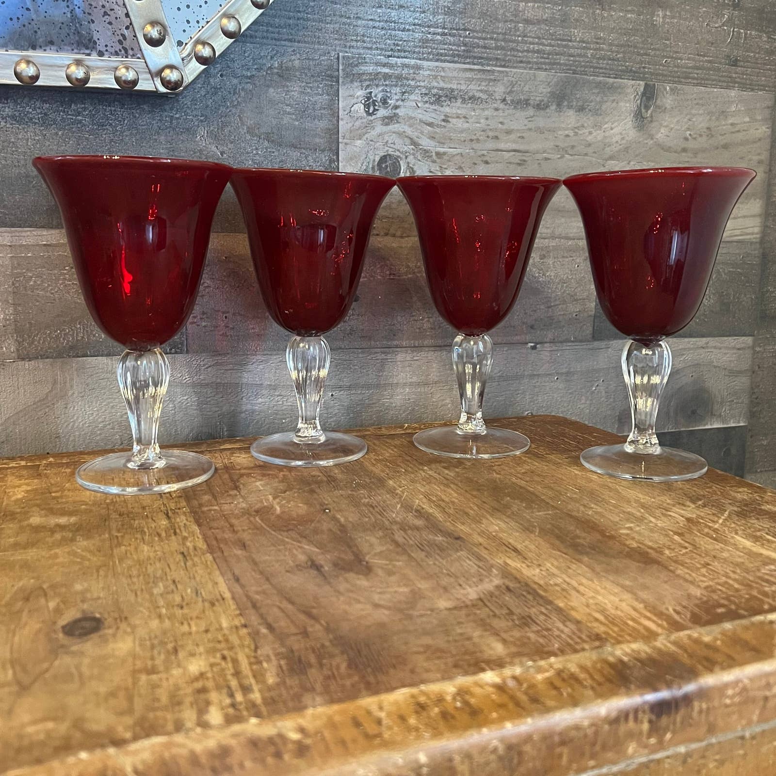 Ruby Red Fluted / Ribbed Wine Glasses With Clear Stem Set of 4 