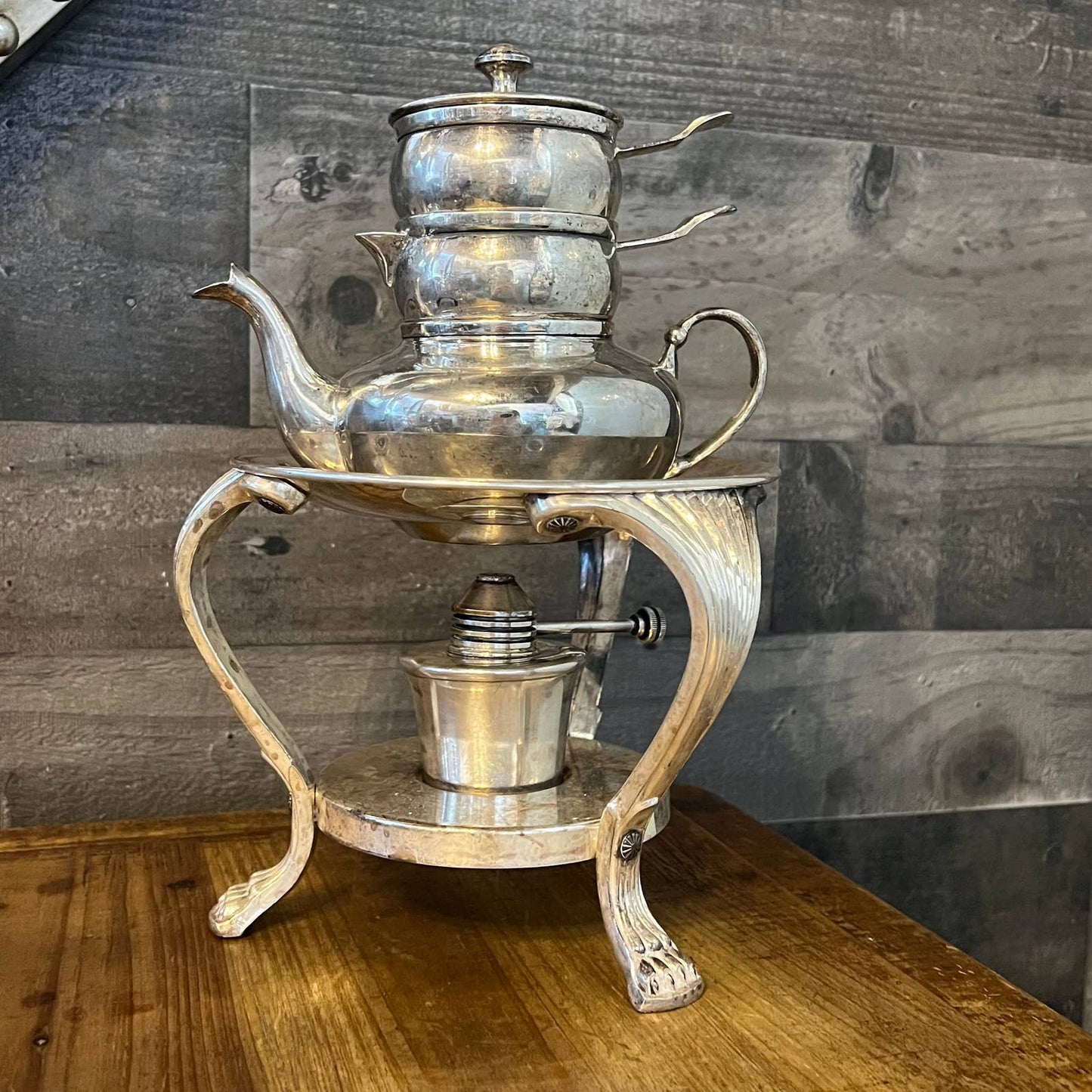 Vintage Stackable Silver Tone Creamer, Sugar, Teapot, 3 Legged Stand and Burner