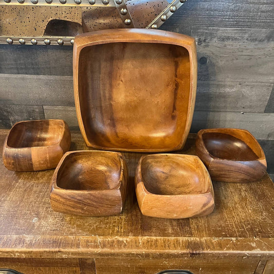 Vintage genuine monkey pod square bowl set