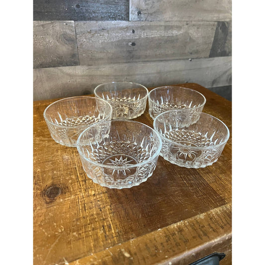 Vintage set of 5 arcoroc france 4 inch clear glass starburst pattern bowls