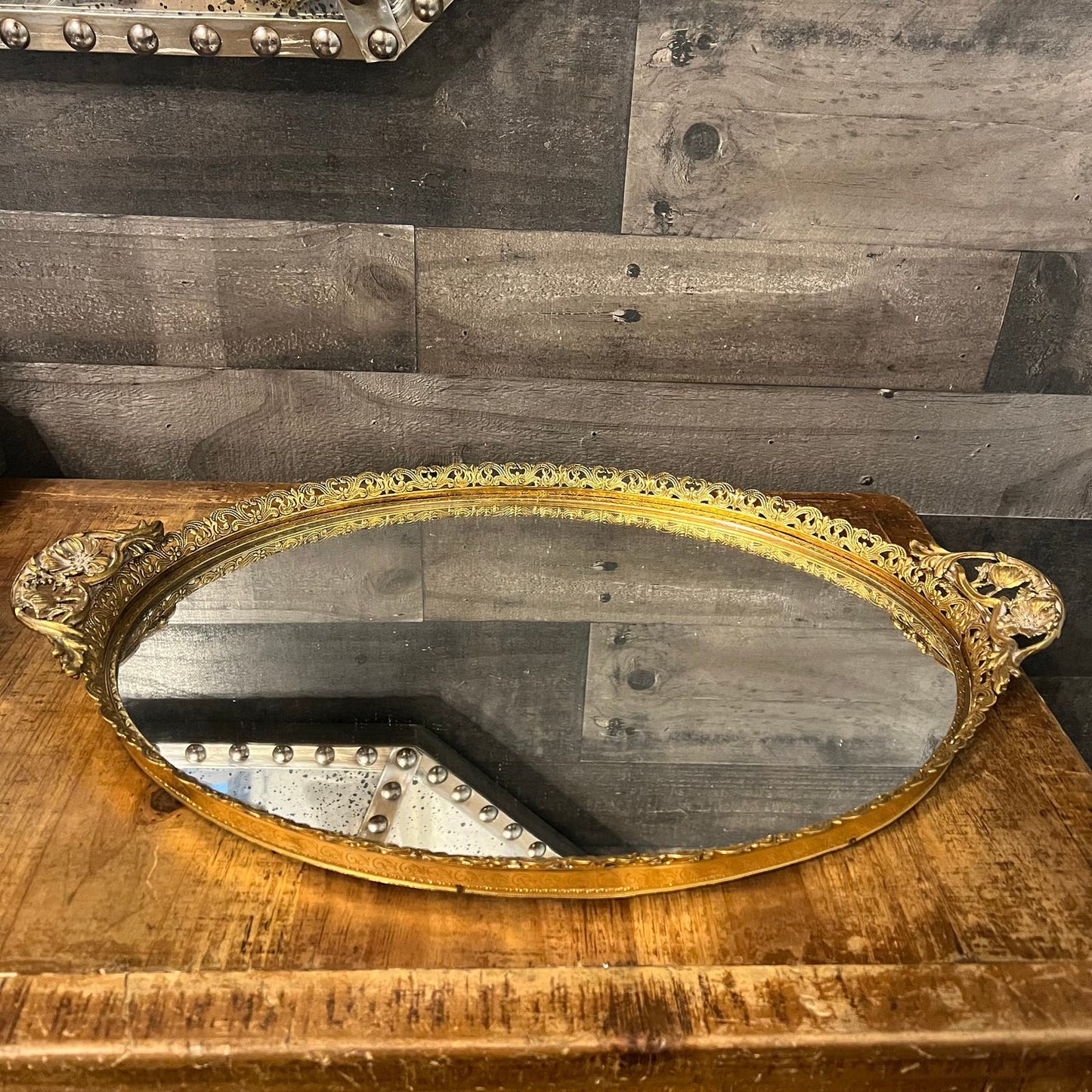 Vintage Gold Tone Oval Mirrored Floral Rim Handled Vanity Tray